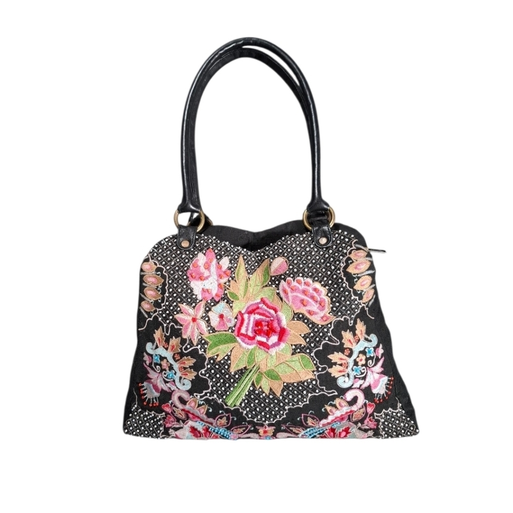 CHRISTIANA Floral BEADED Embroidered MEDIUM BAG Double Strap Purse Multicolor
